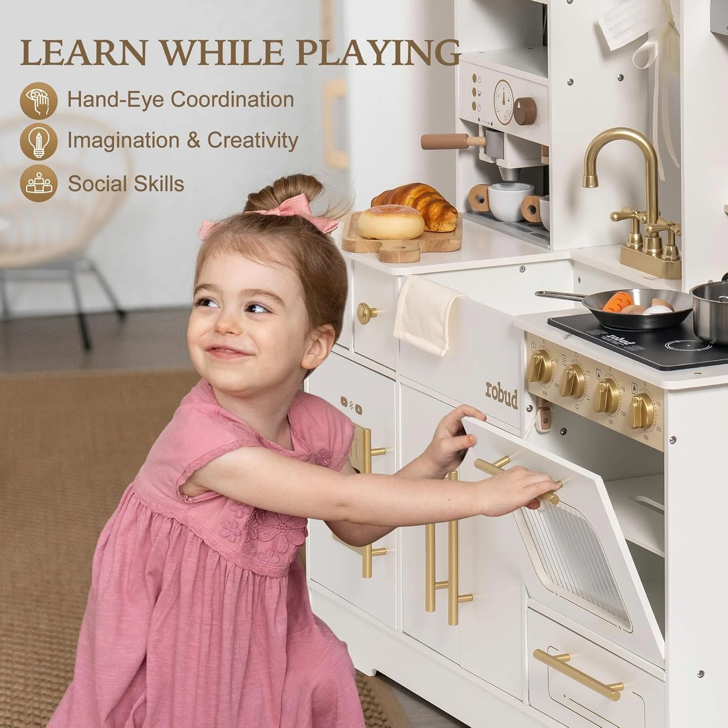 ROBUD Modern Play Kitchen for Kids - White - Image 4