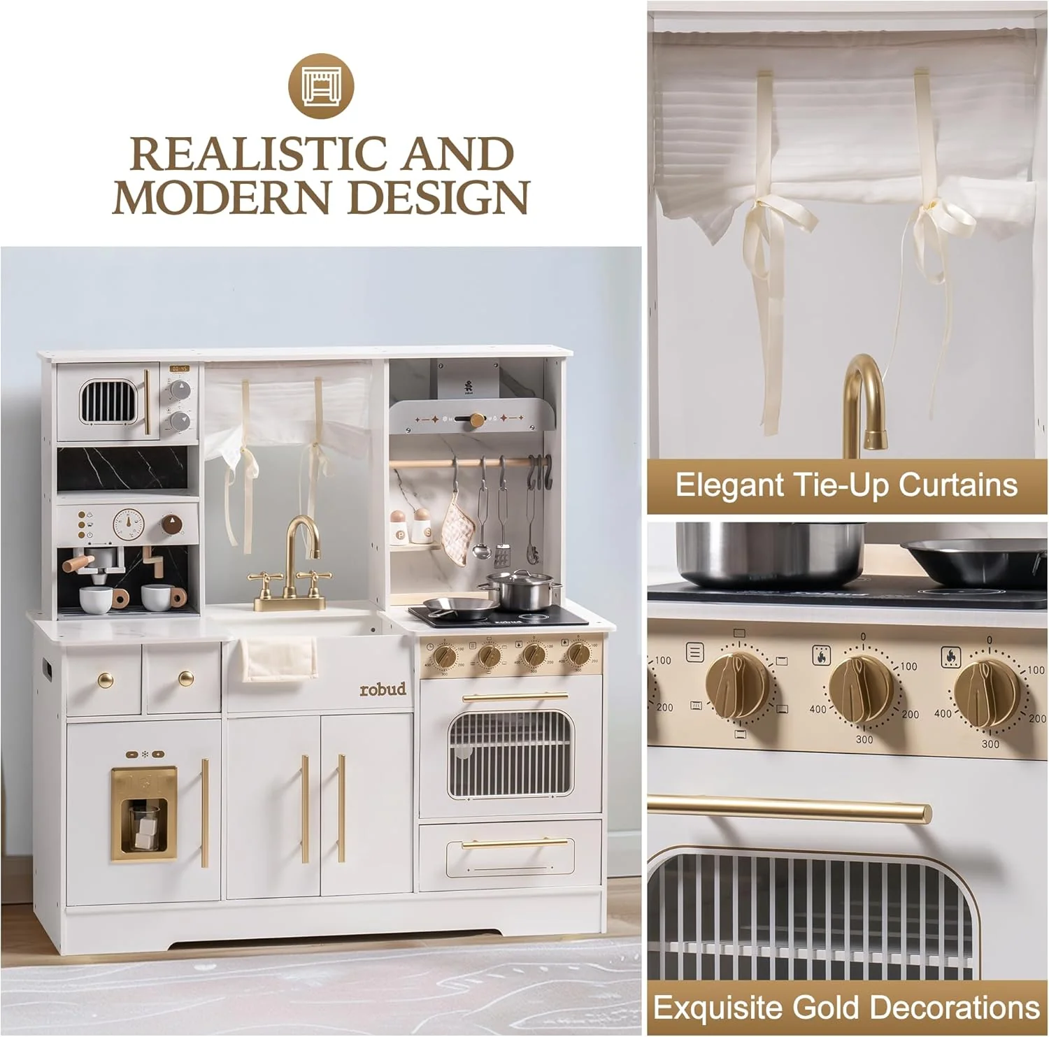 ROBUD Modern Play Kitchen for Kids - White - Image 7