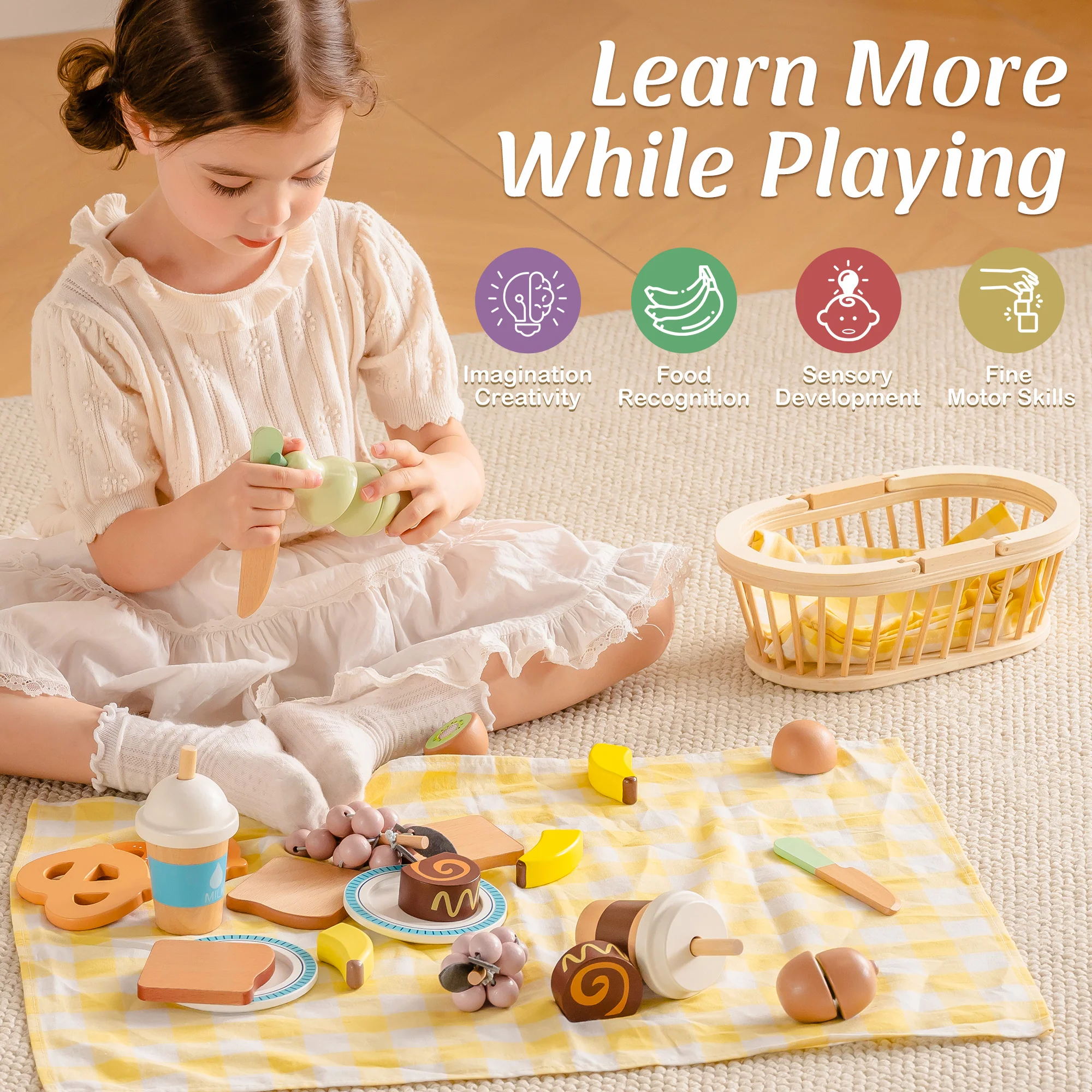 ROBUD Kids Wooden Picnic Play Food Set - Image 7