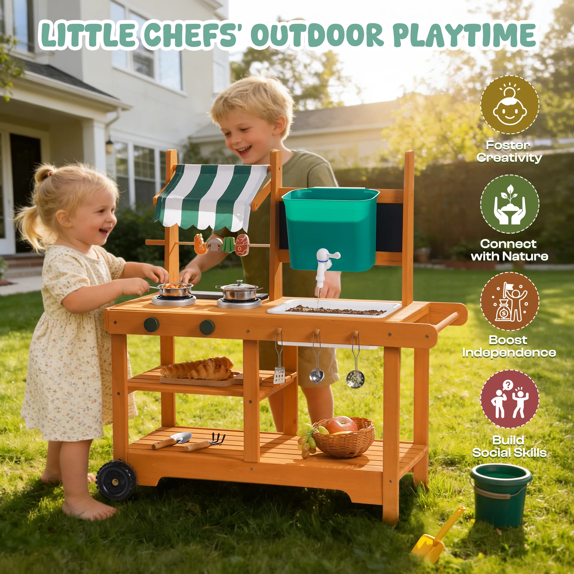 ROBUD Mud Kitchen for Kids Outdoor with Canopy & Wheels - Image 10