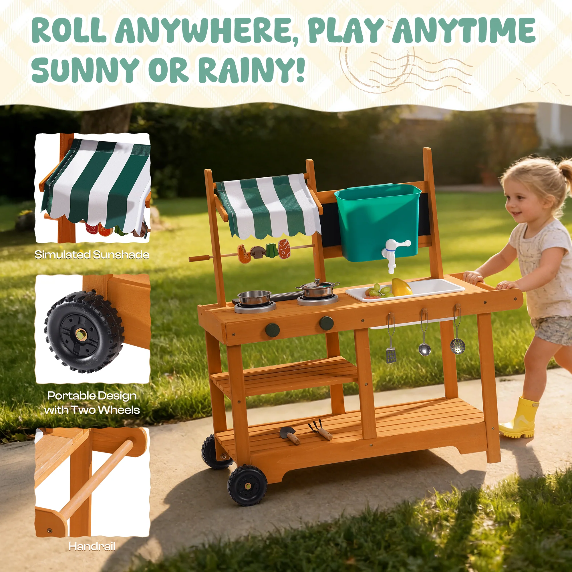 ROBUD Mud Kitchen for Kids Outdoor with Canopy & Wheels - Image 11
