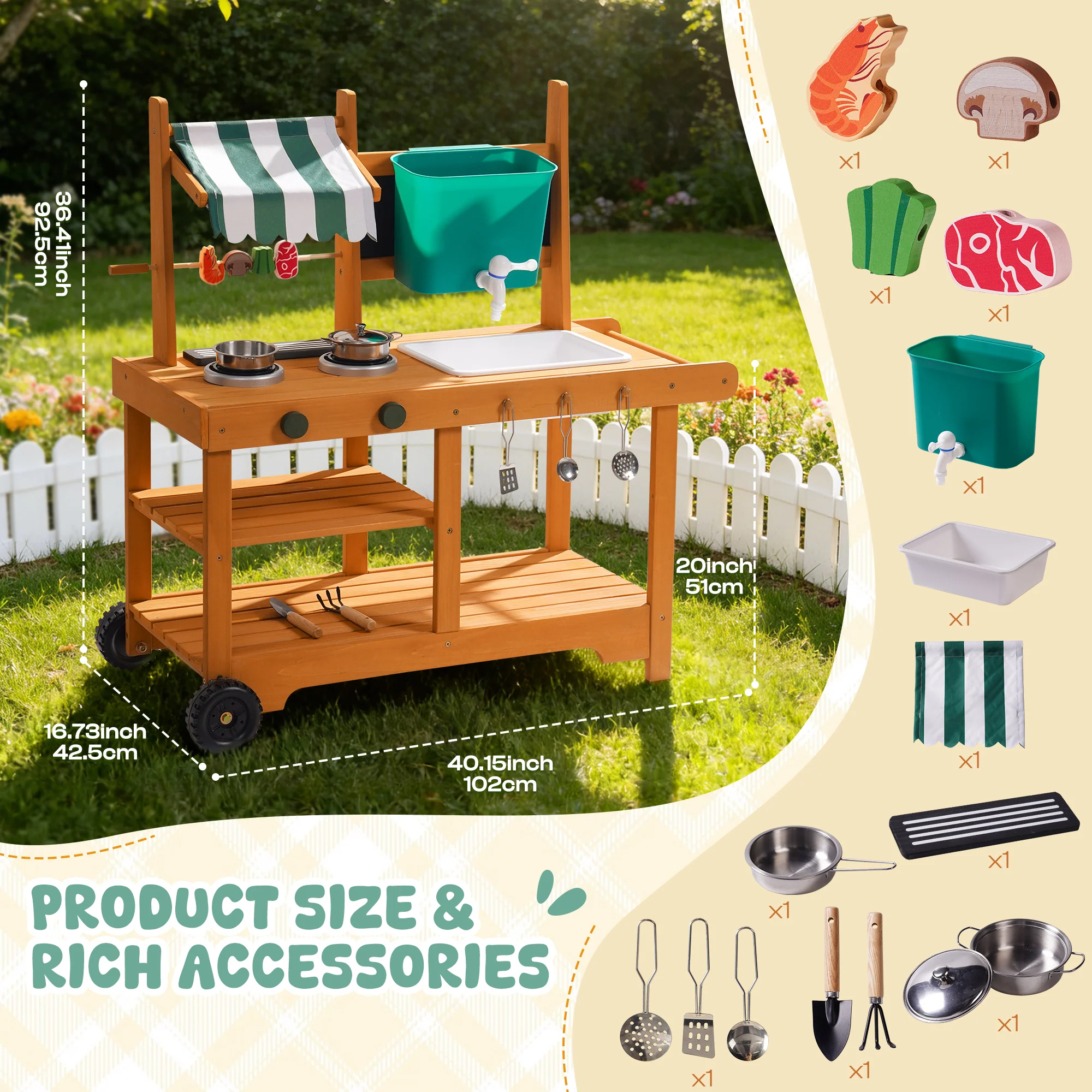 ROBUD Mud Kitchen for Kids Outdoor with Canopy & Wheels - Image 12