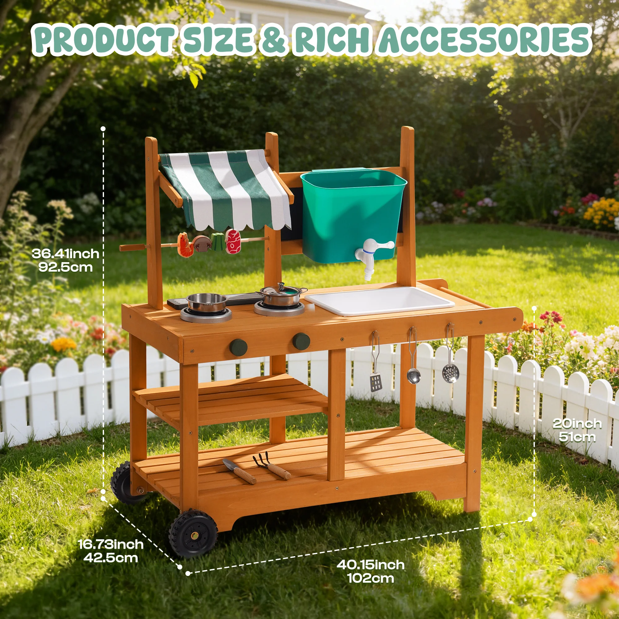 ROBUD Mud Kitchen for Kids Outdoor with Canopy & Wheels - Image 14