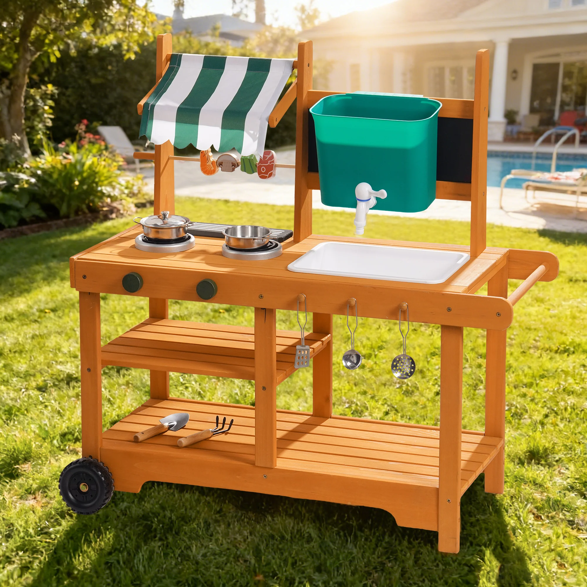 ROBUD Mud Kitchen for Kids Outdoor with Canopy & Wheels - Image 2