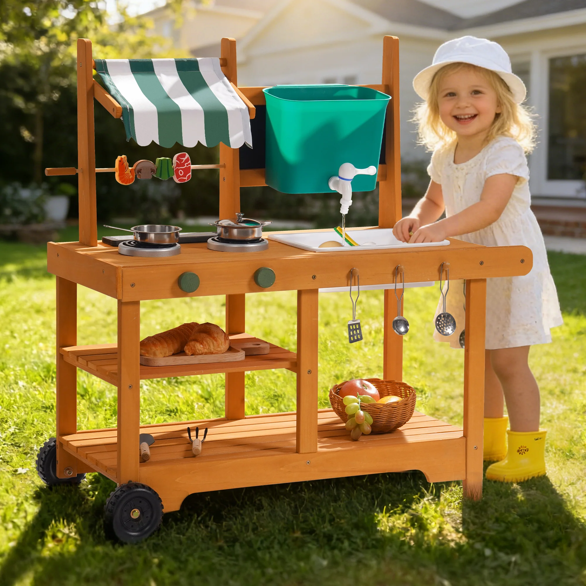 ROBUD Mud Kitchen for Kids Outdoor with Canopy & Wheels - Image 3