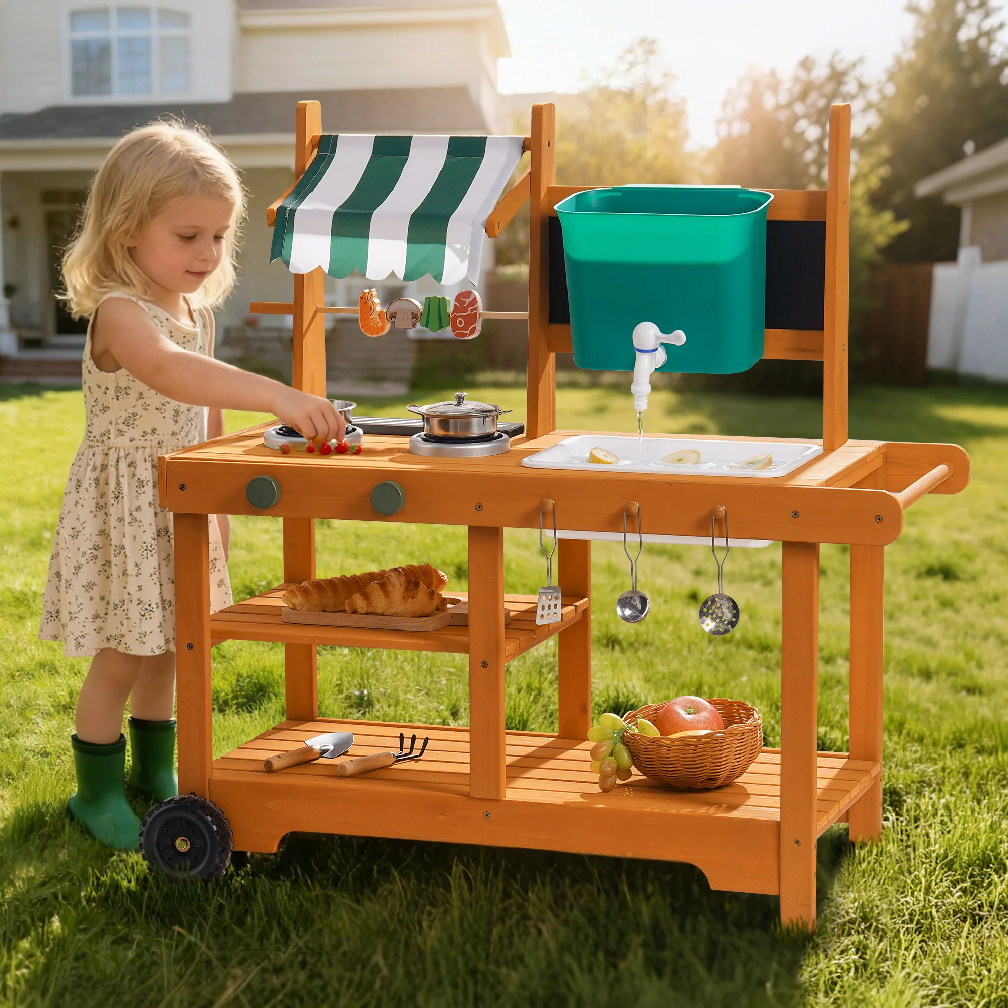 ROBUD Mud Kitchen for Kids Outdoor with Canopy & Wheels - Image 4
