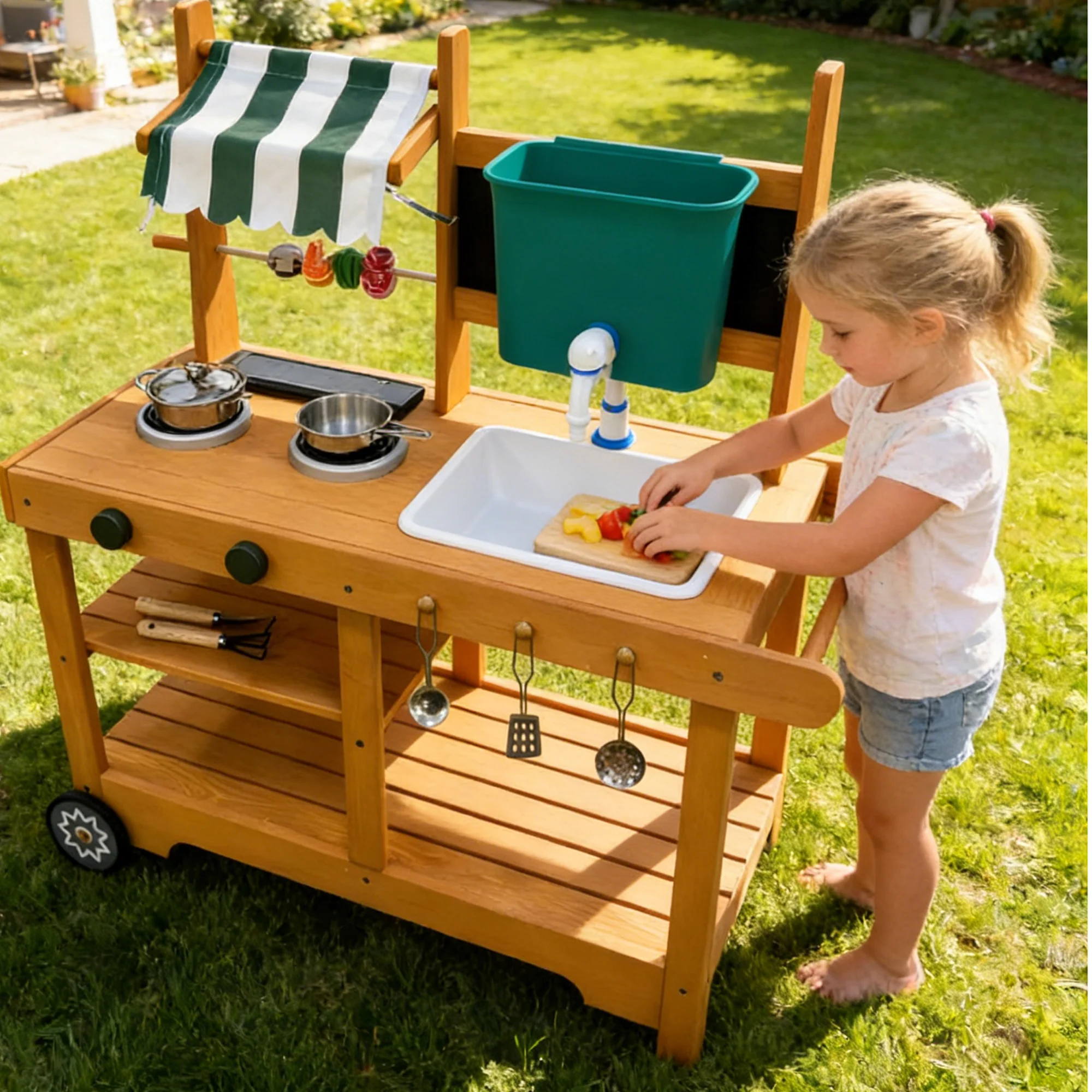 ROBUD Mud Kitchen for Kids Outdoor with Canopy & Wheels - Image 5