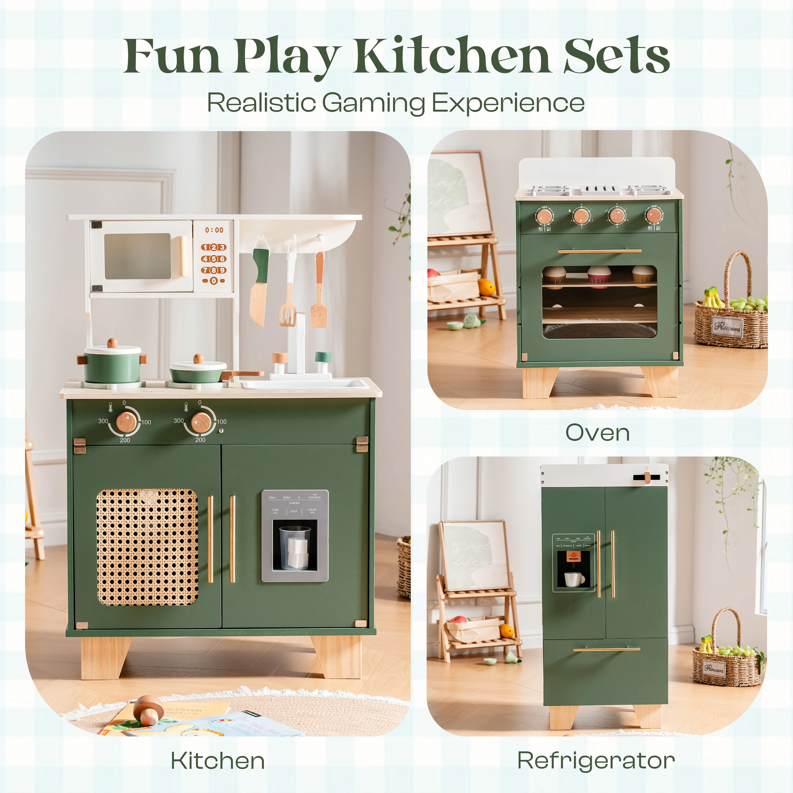 ROBUD Wooden 3 Pieces Kids Kitchen Playset - Vintage Green - Image 10