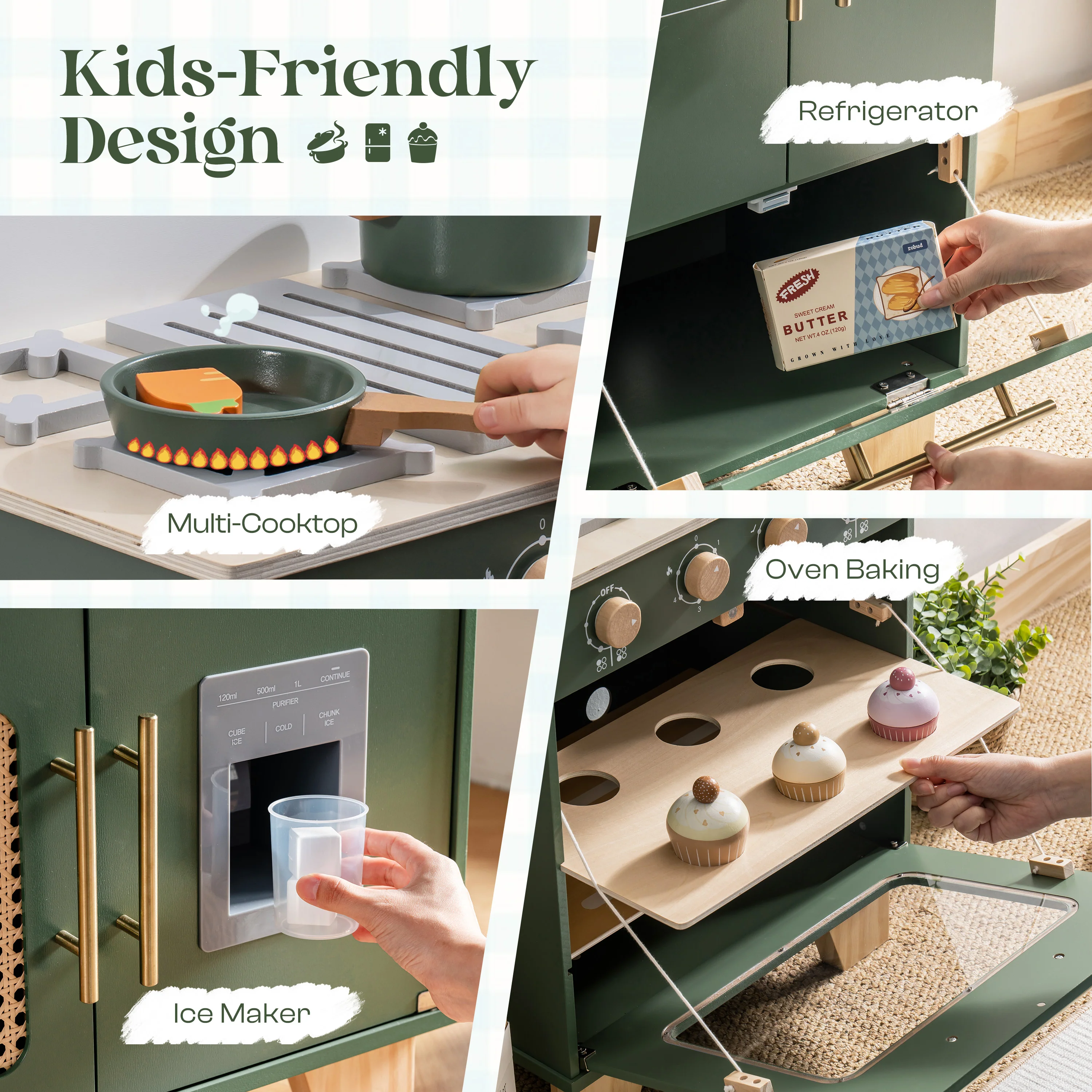 ROBUD Wooden 3 Pieces Kids Kitchen Playset - Vintage Green - Image 12