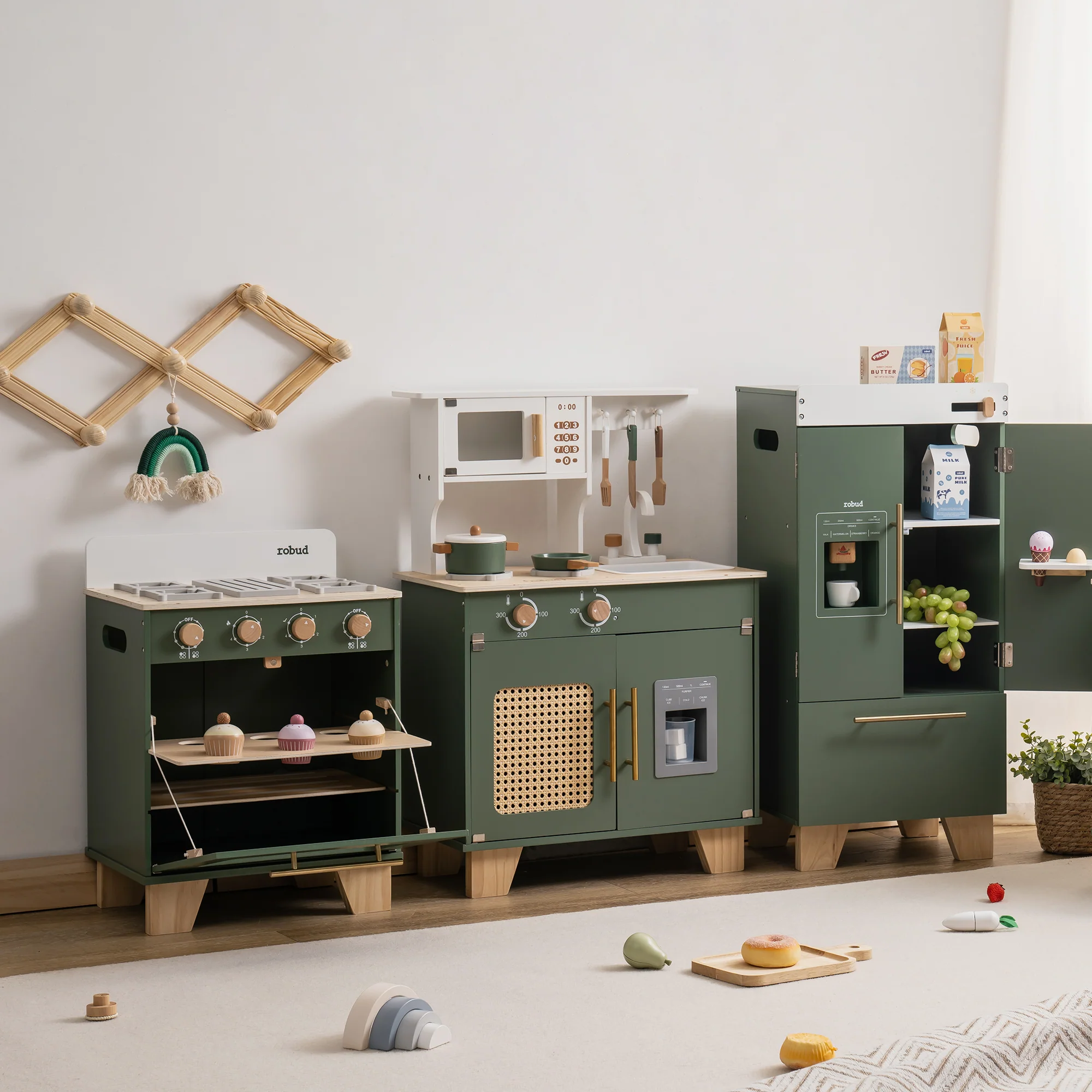 ROBUD Wooden 3 Pieces Kids Kitchen Playset - Vintage Green - Image 2