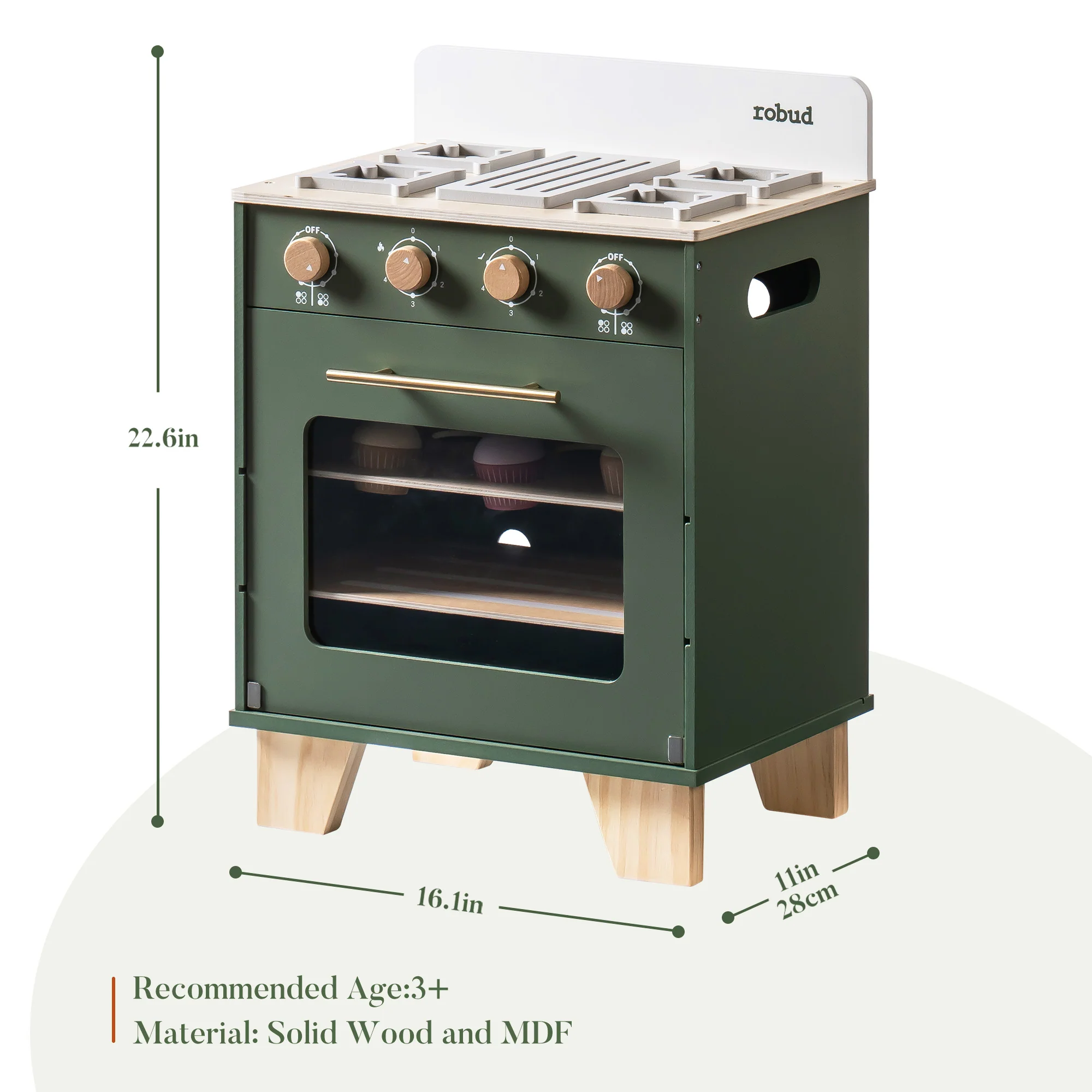 ROBUD Wooden 3 Pieces Kids Kitchen Playset - Vintage Green - Image 23