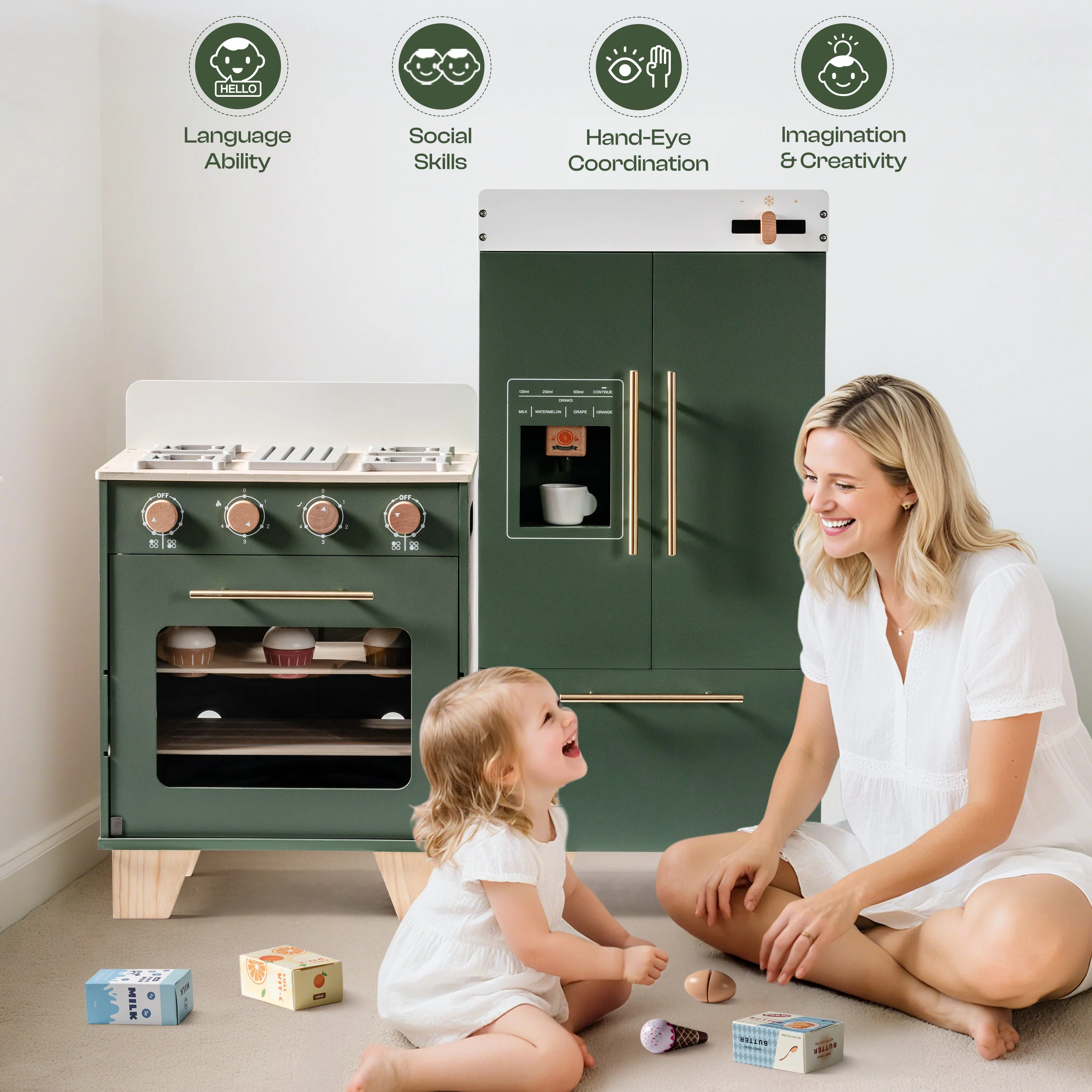 ROBUD Wooden 3 Pieces Kids Kitchen Playset - Vintage Green - Image 8