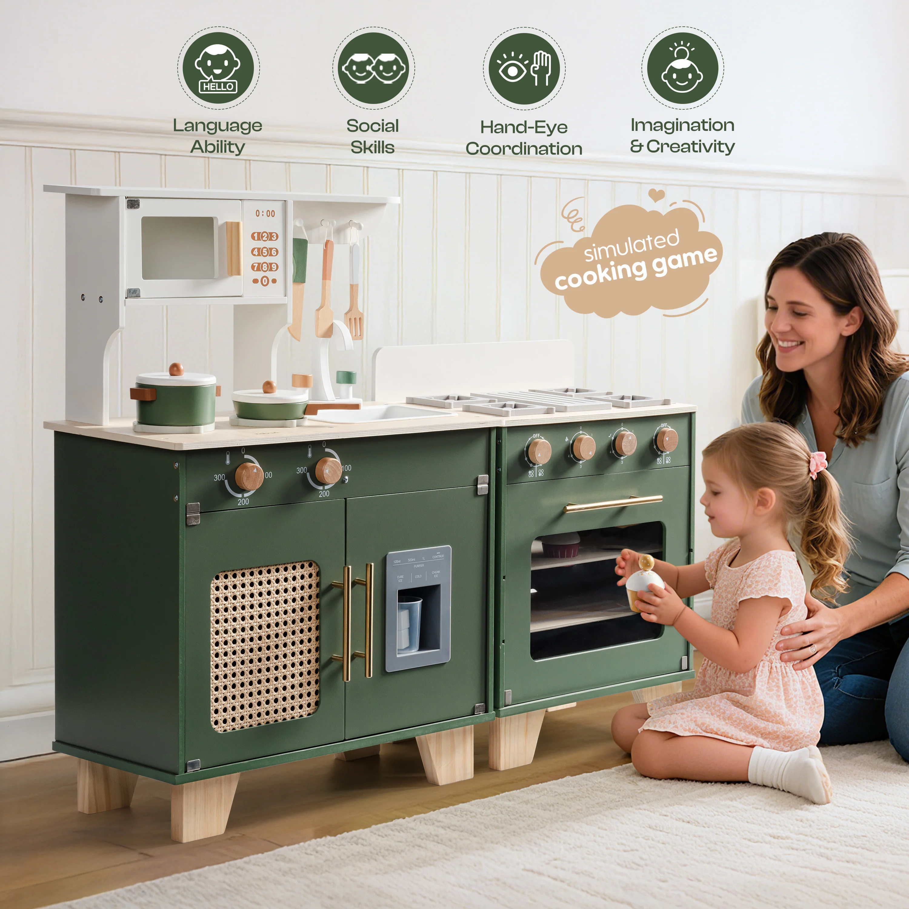 ROBUD Wooden 3 Pieces Kids Kitchen Playset - Vintage Green - Image 9