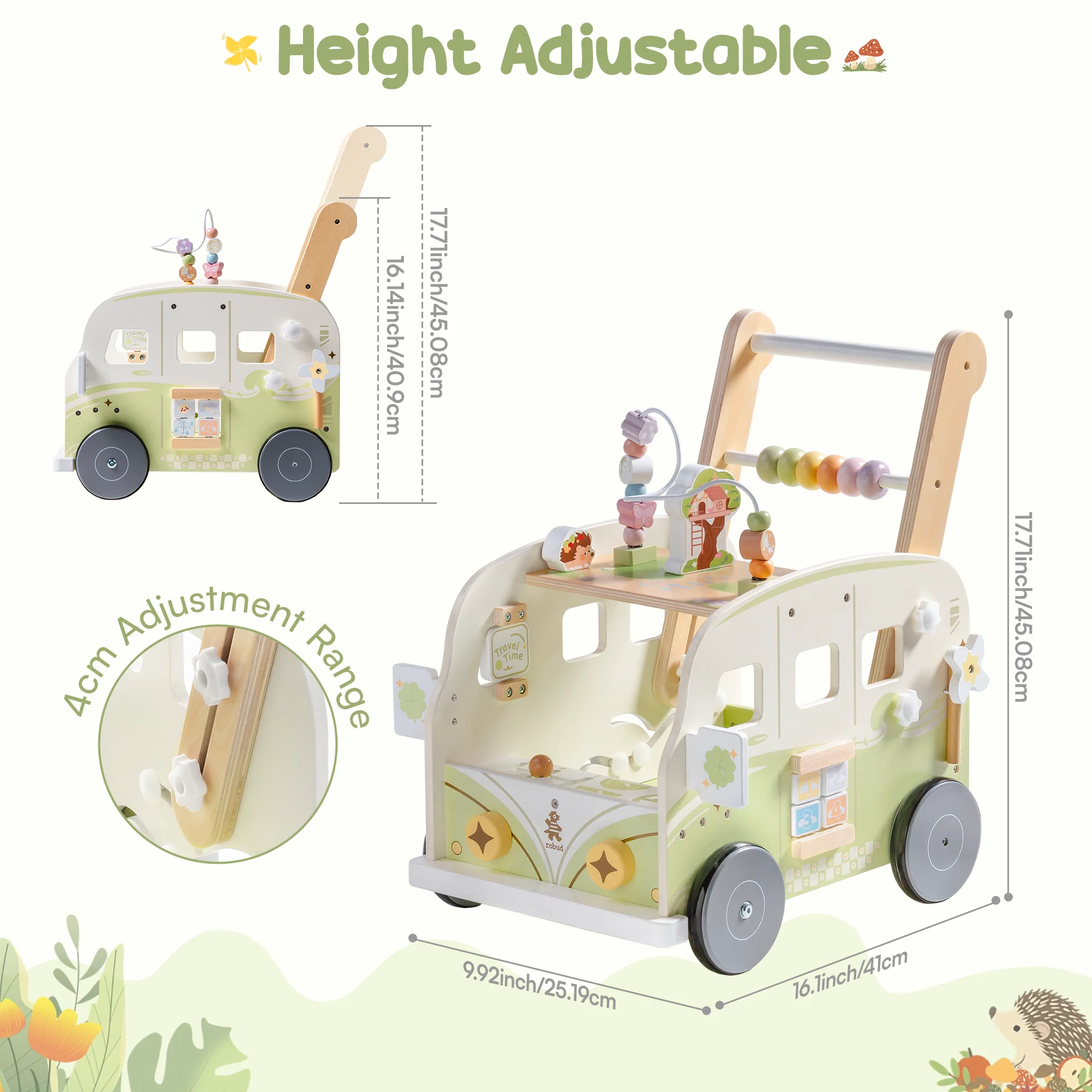 ROBUD Wooden Baby Push Walker - Green Vacation Bus - Image 11