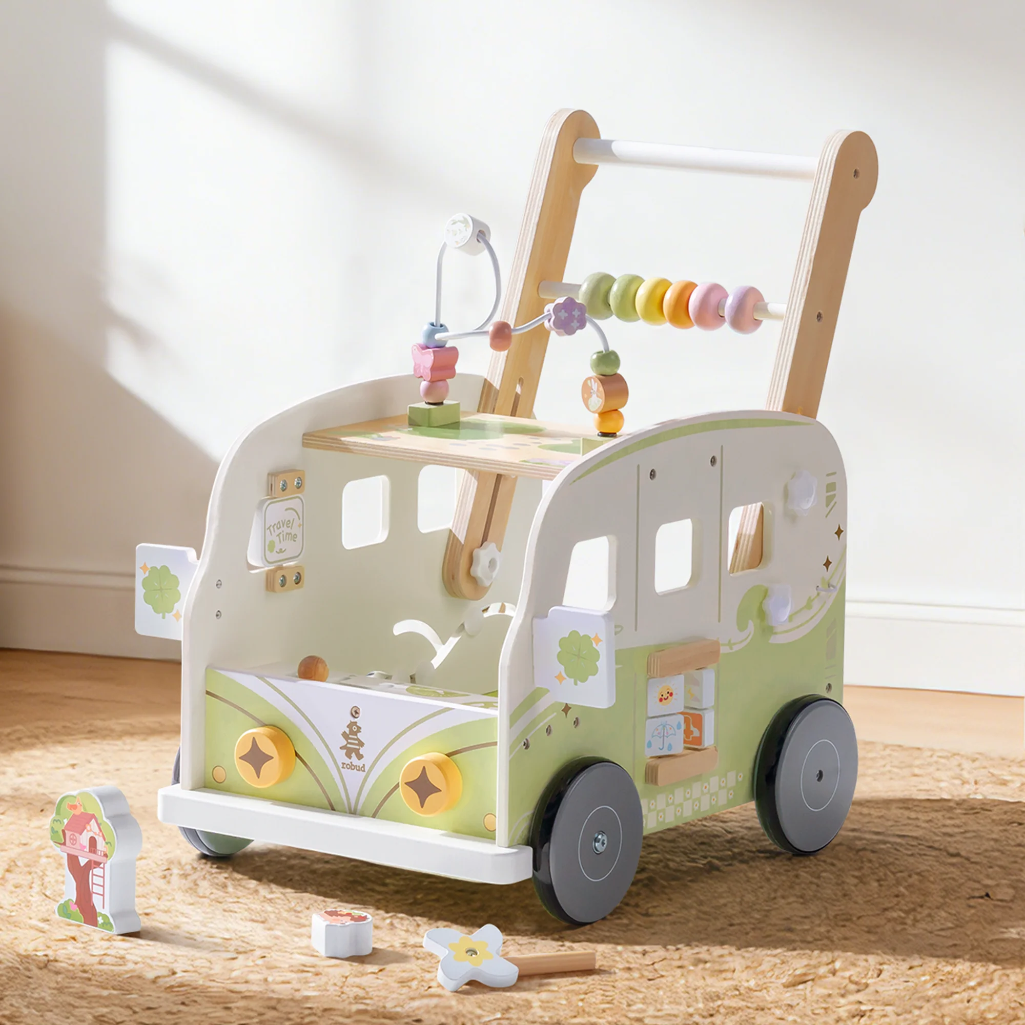 ROBUD Wooden Baby Push Walker - Green Vacation Bus - Image 3