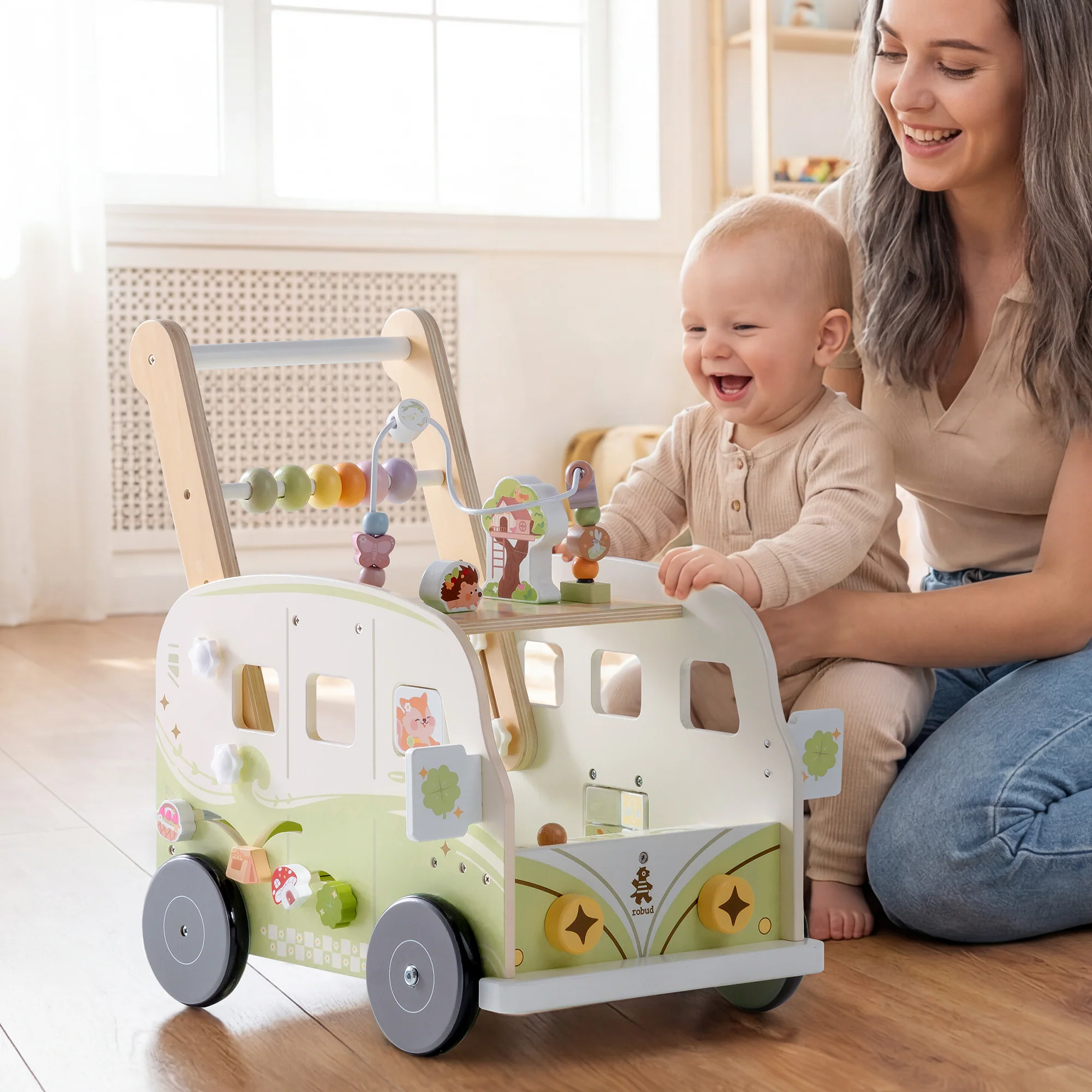 ROBUD Wooden Baby Push Walker - Green Vacation Bus - Image 5