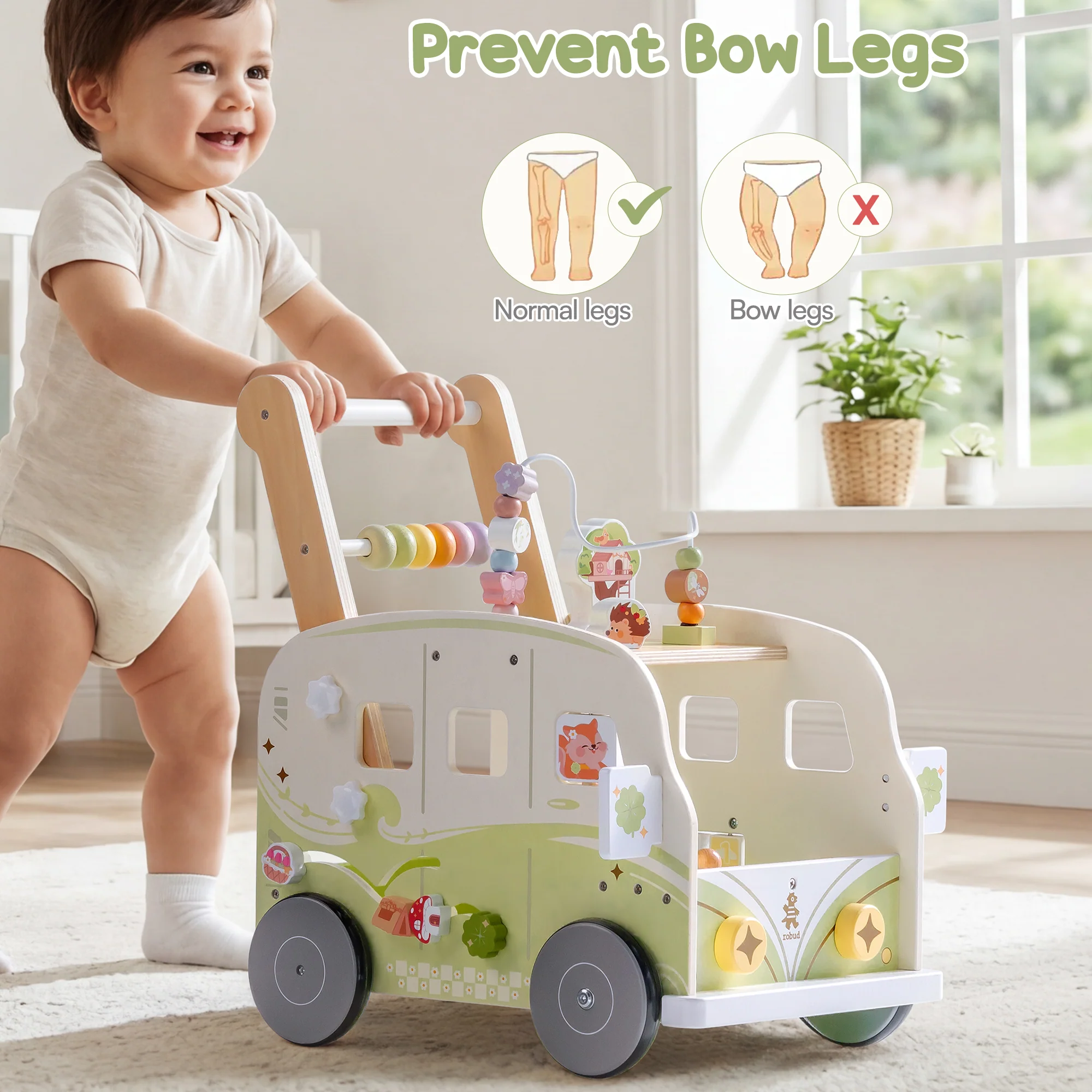 ROBUD Wooden Baby Push Walker - Green Vacation Bus - Image 6