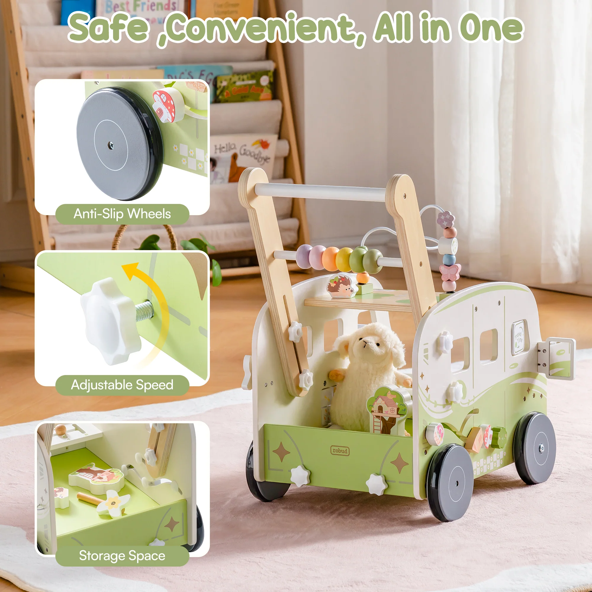 ROBUD Wooden Baby Push Walker - Green Vacation Bus - Image 7
