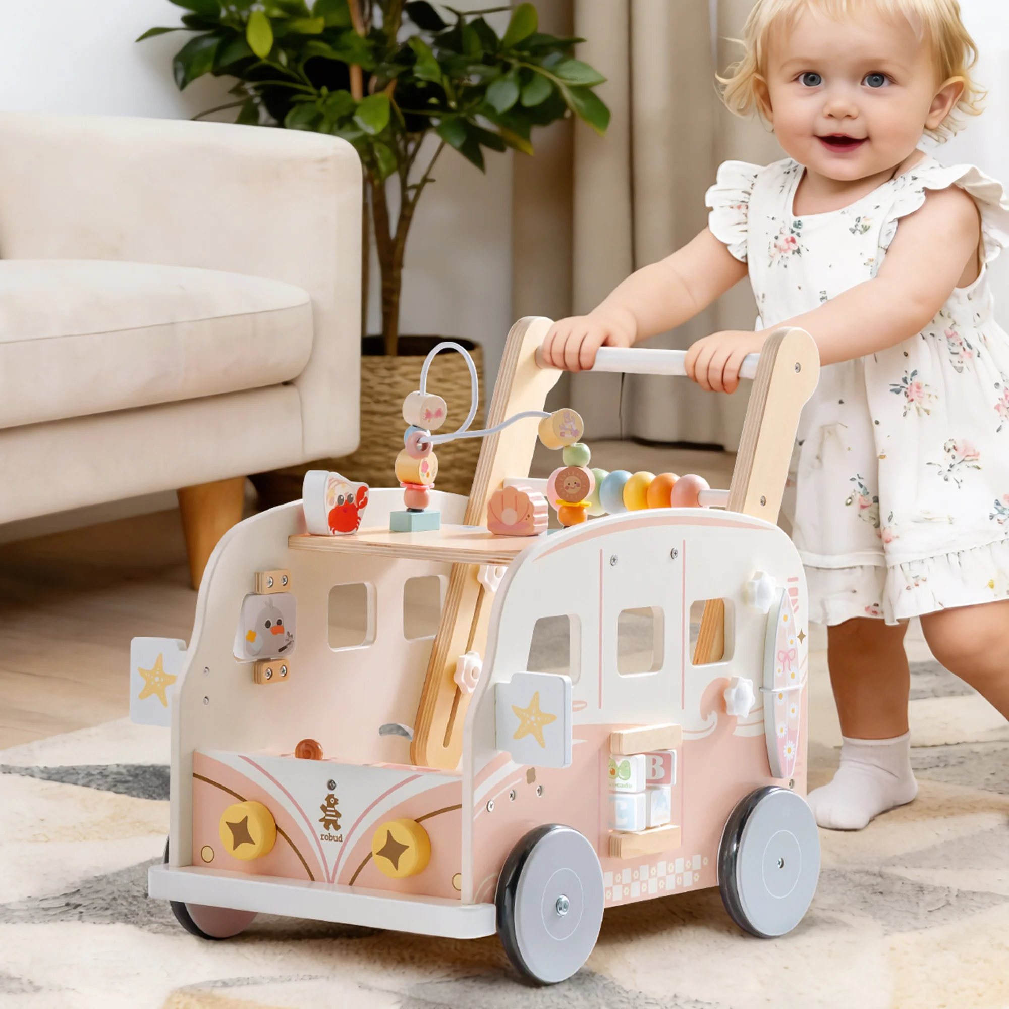 ROBUD Wooden Baby Push Walker - Pink Vacation Bus - Image 4