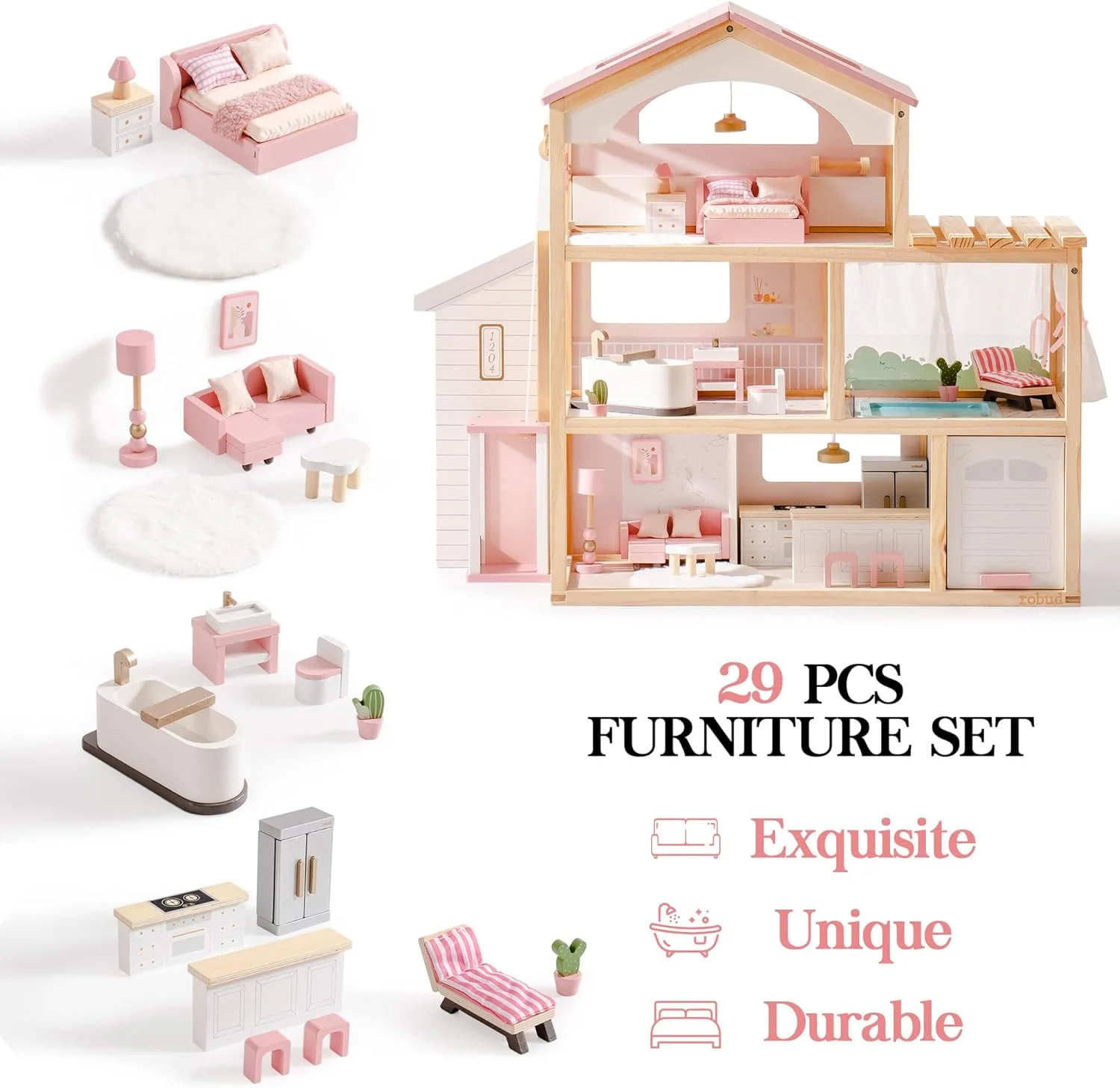 ROBUD Wooden Doll House - Dreamy Pink - Image 3