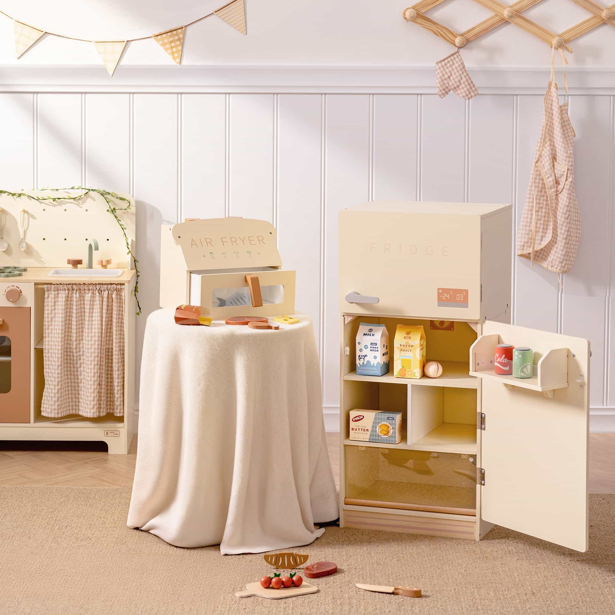 ROBUD Wooden Kids Play Kitchen Fridge Creamy - Image 10