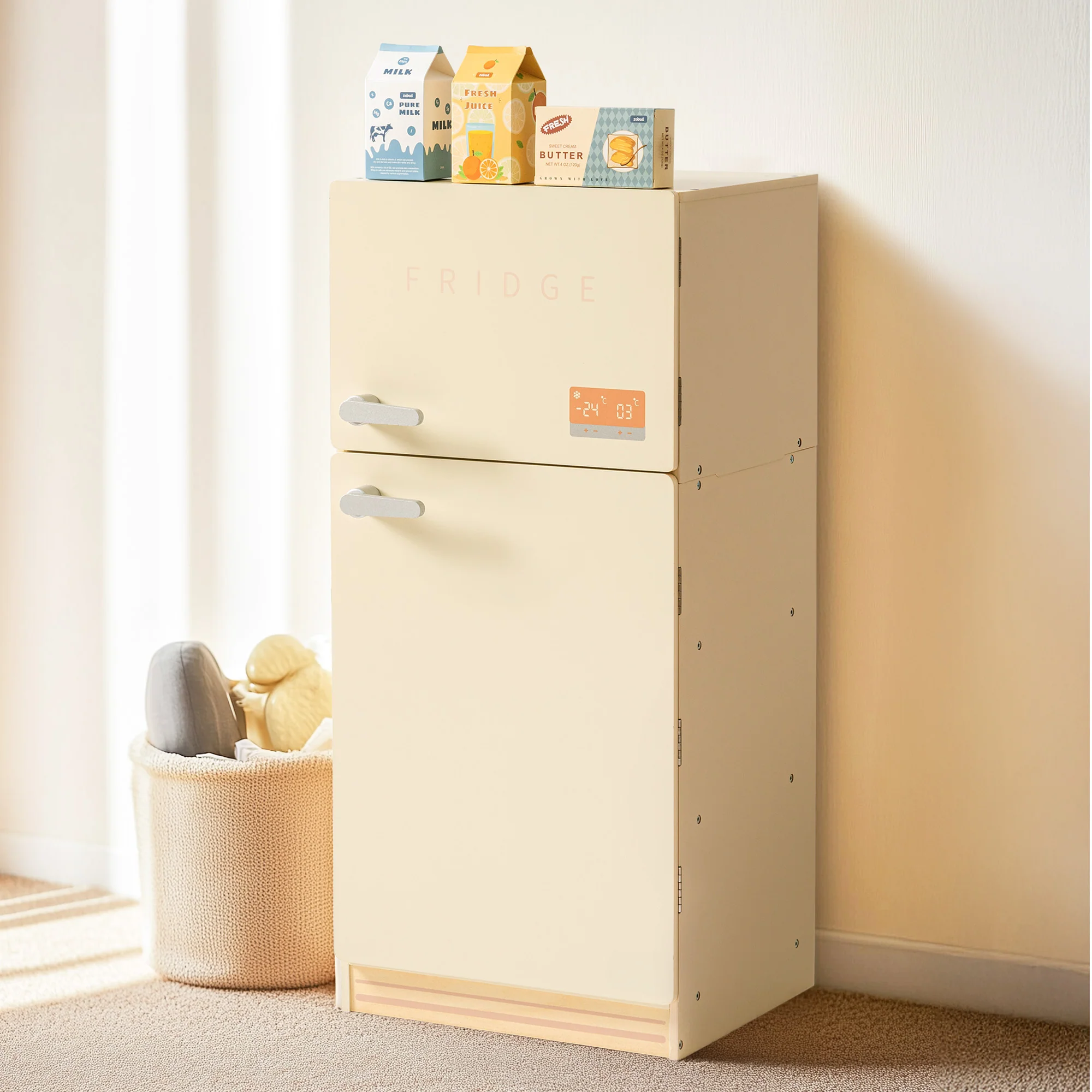 ROBUD Wooden Kids Play Kitchen Fridge Creamy - Image 2