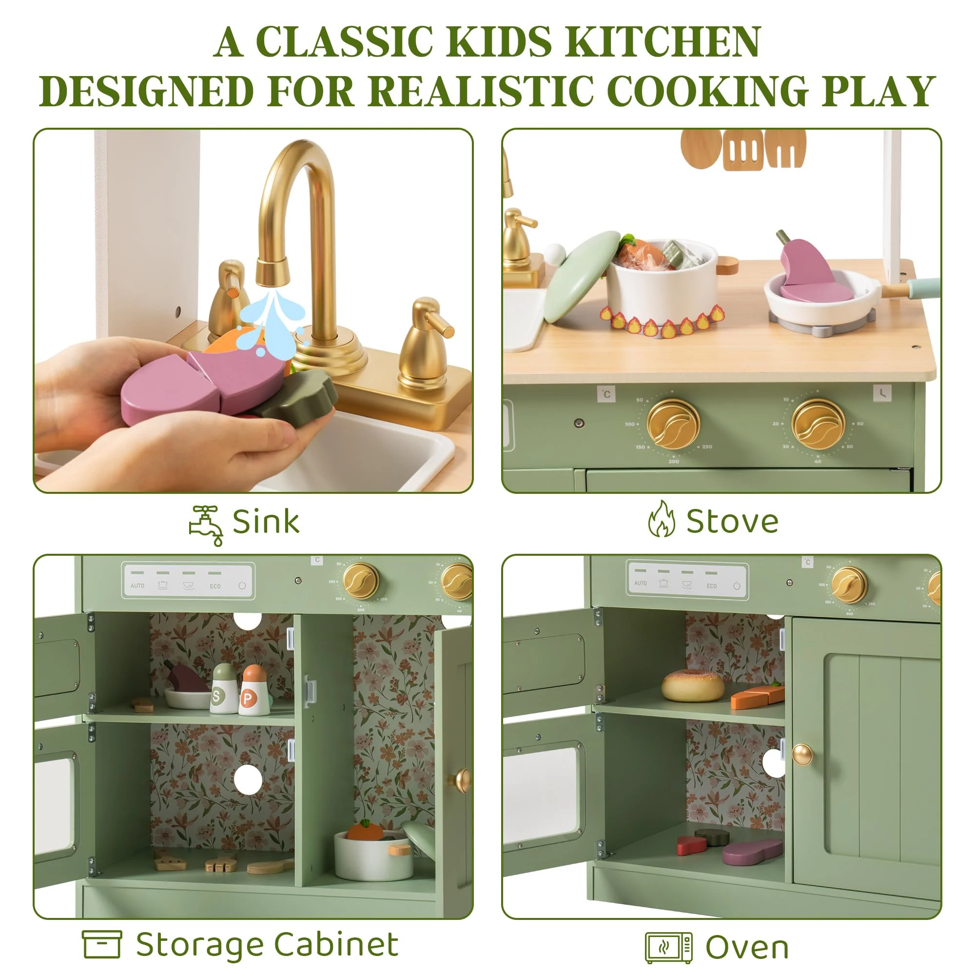 ROBUD Wooden Kids Play Kitchen Set - Olivia Green - Image 4
