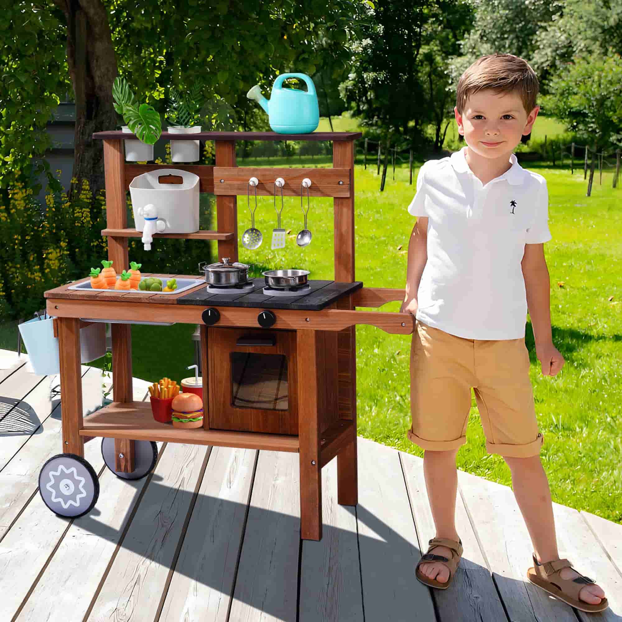 ROBUD Wooden Outdoor Kitchen Playset with Wheels - Mud - Image 2