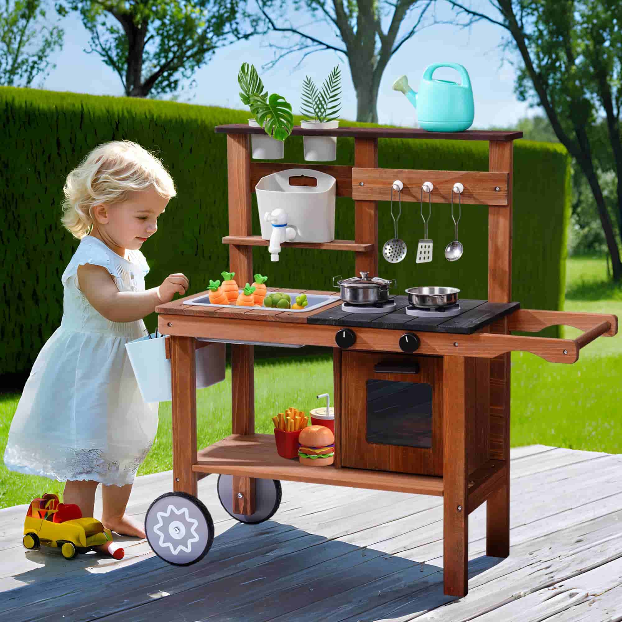ROBUD Wooden Outdoor Kitchen Playset with Wheels - Mud - Image 3