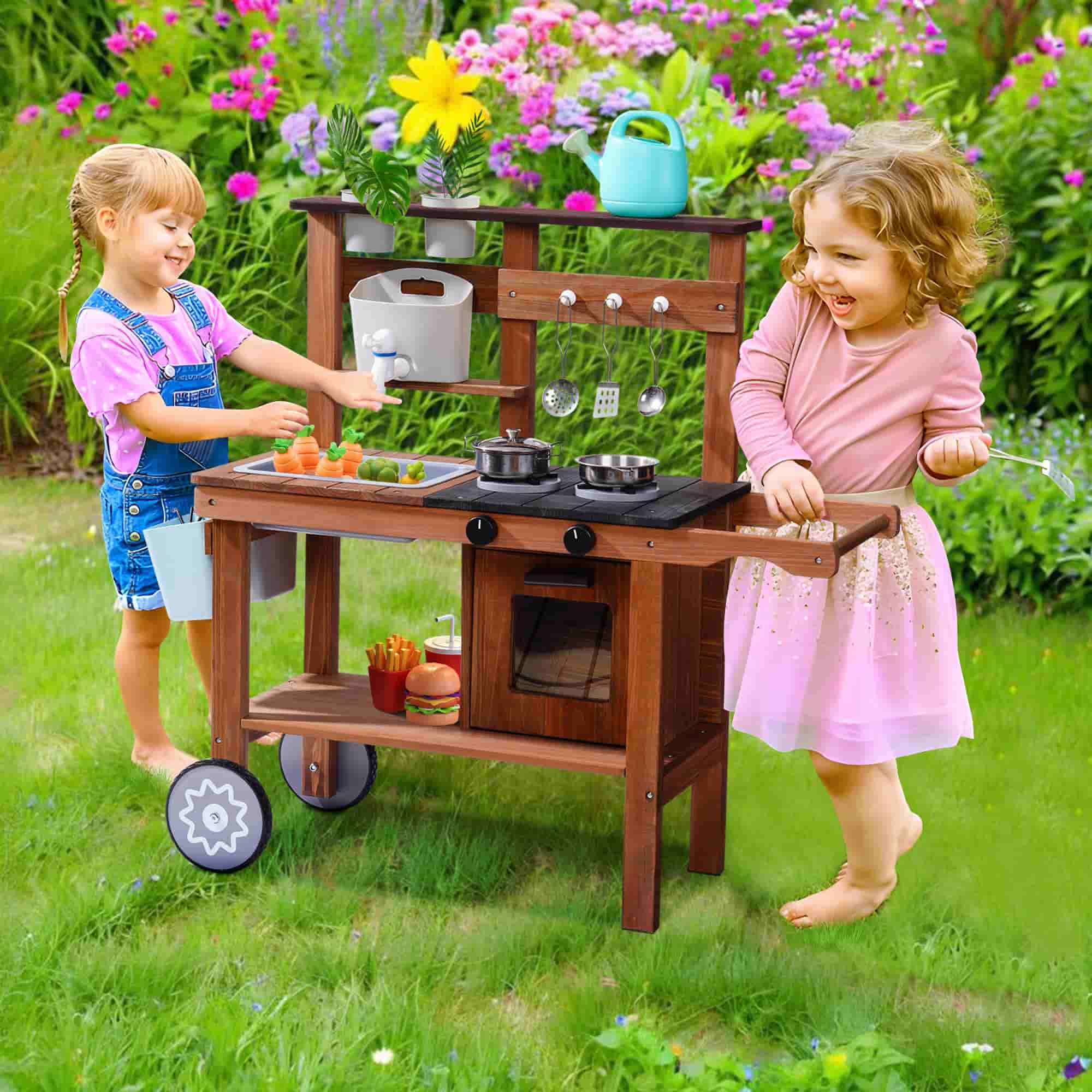 ROBUD Wooden Outdoor Kitchen Playset with Wheels - Mud - Image 4