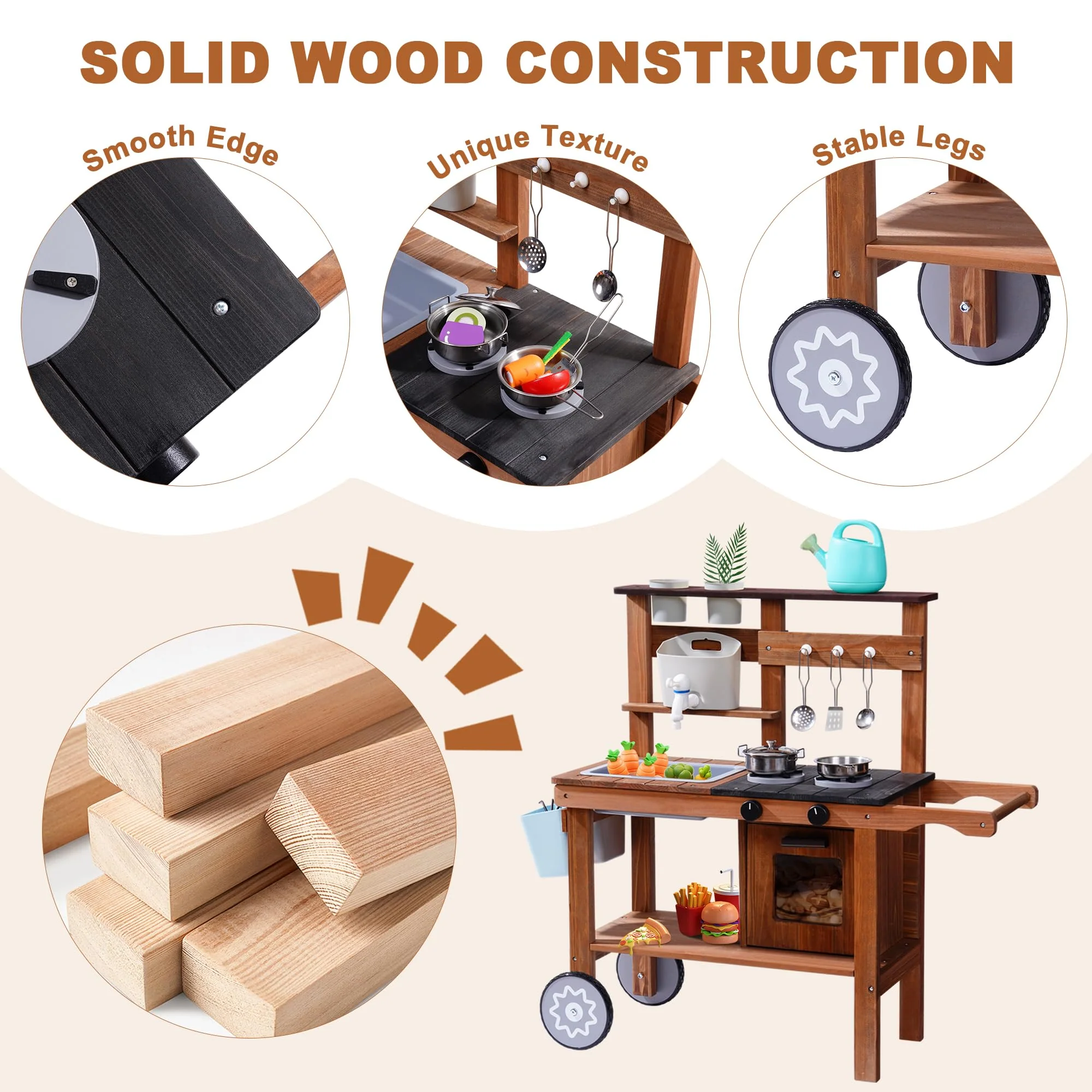 ROBUD Wooden Outdoor Kitchen Playset with Wheels - Mud - Image 5