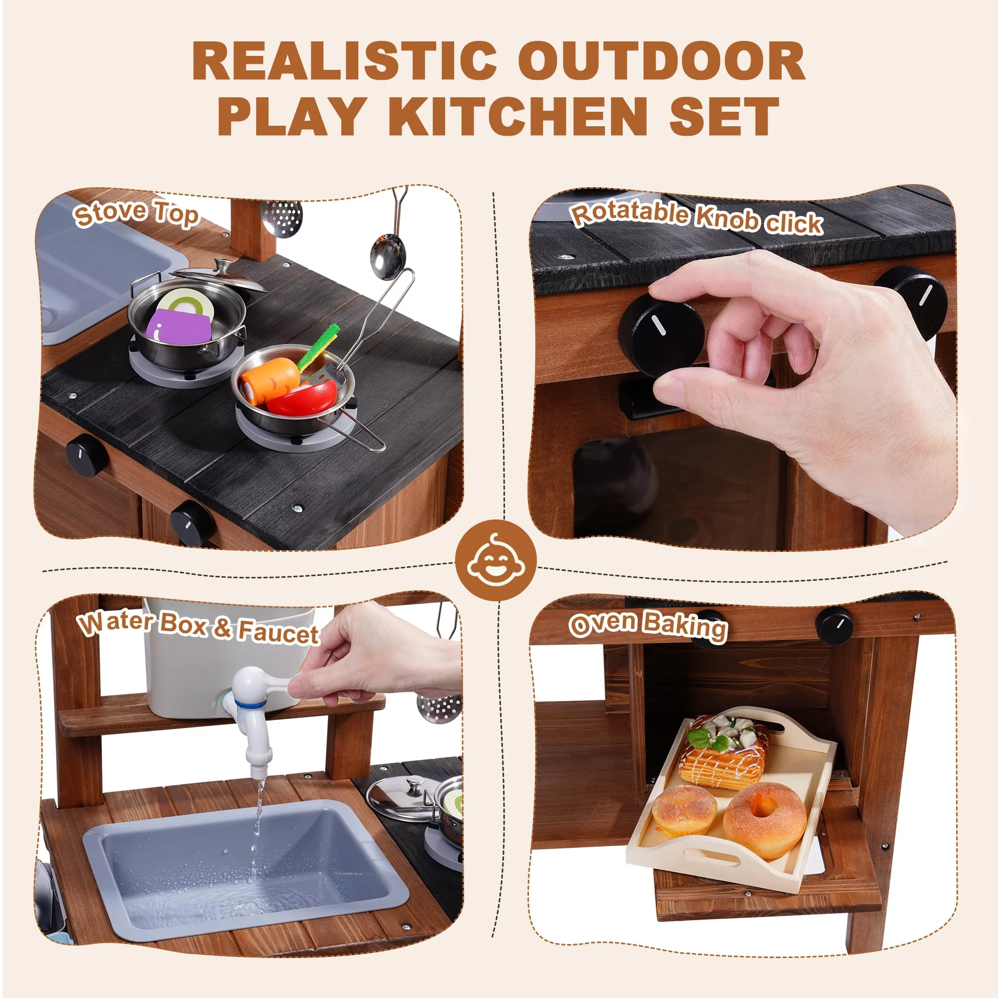 ROBUD Wooden Outdoor Kitchen Playset with Wheels - Mud - Image 6