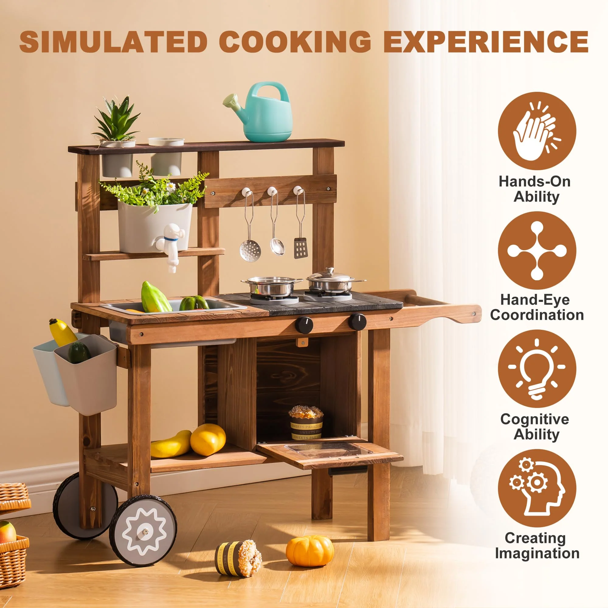ROBUD Wooden Outdoor Kitchen Playset with Wheels - Mud - Image 7