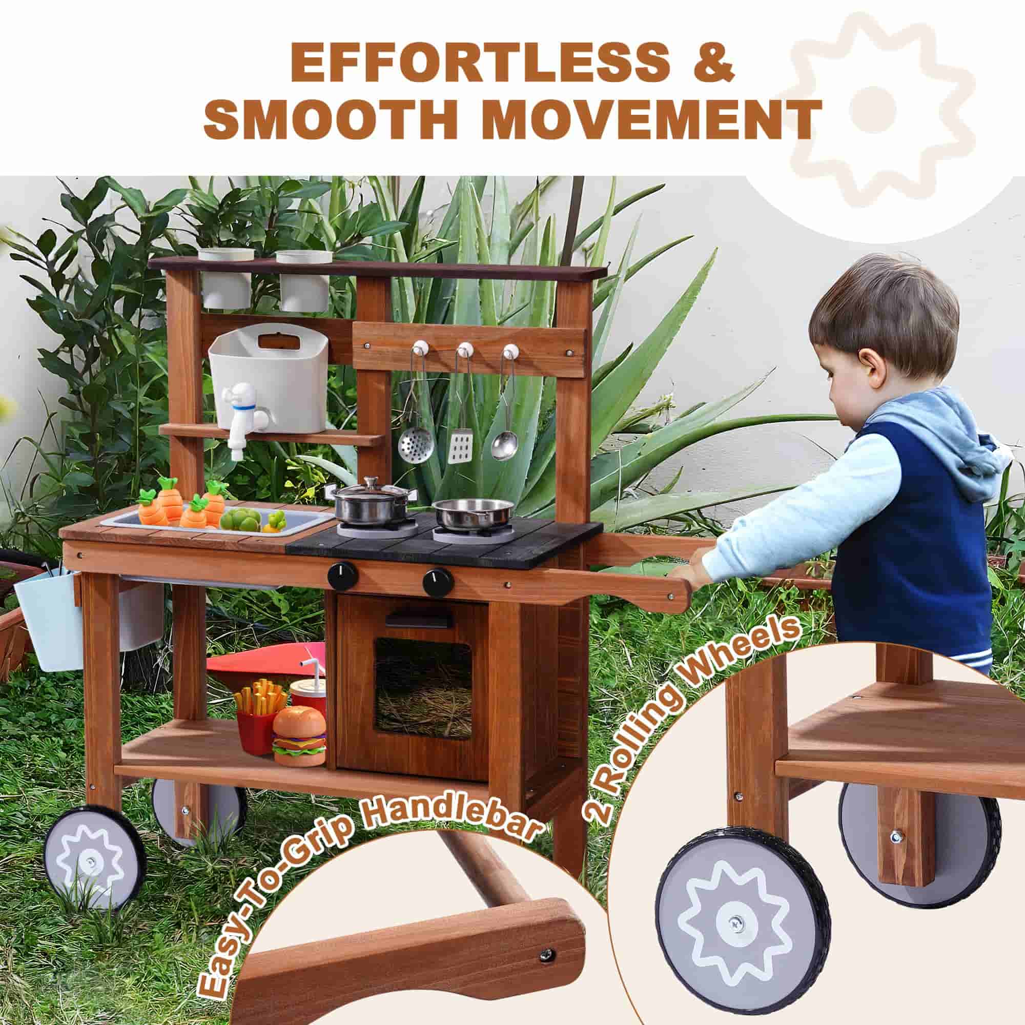 ROBUD Wooden Outdoor Kitchen Playset with Wheels - Mud - Image 8