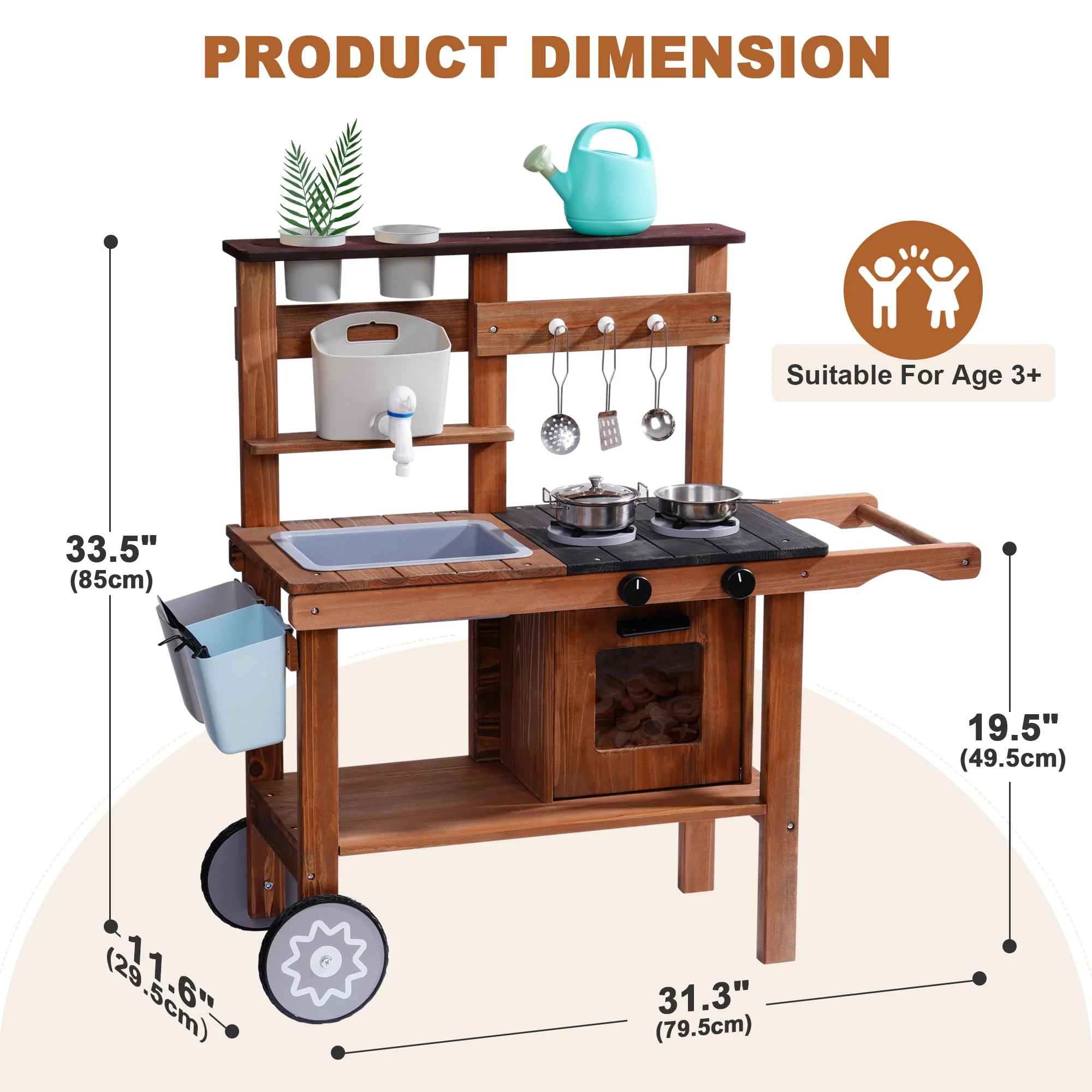 ROBUD Wooden Outdoor Kitchen Playset with Wheels - Mud - Image 9