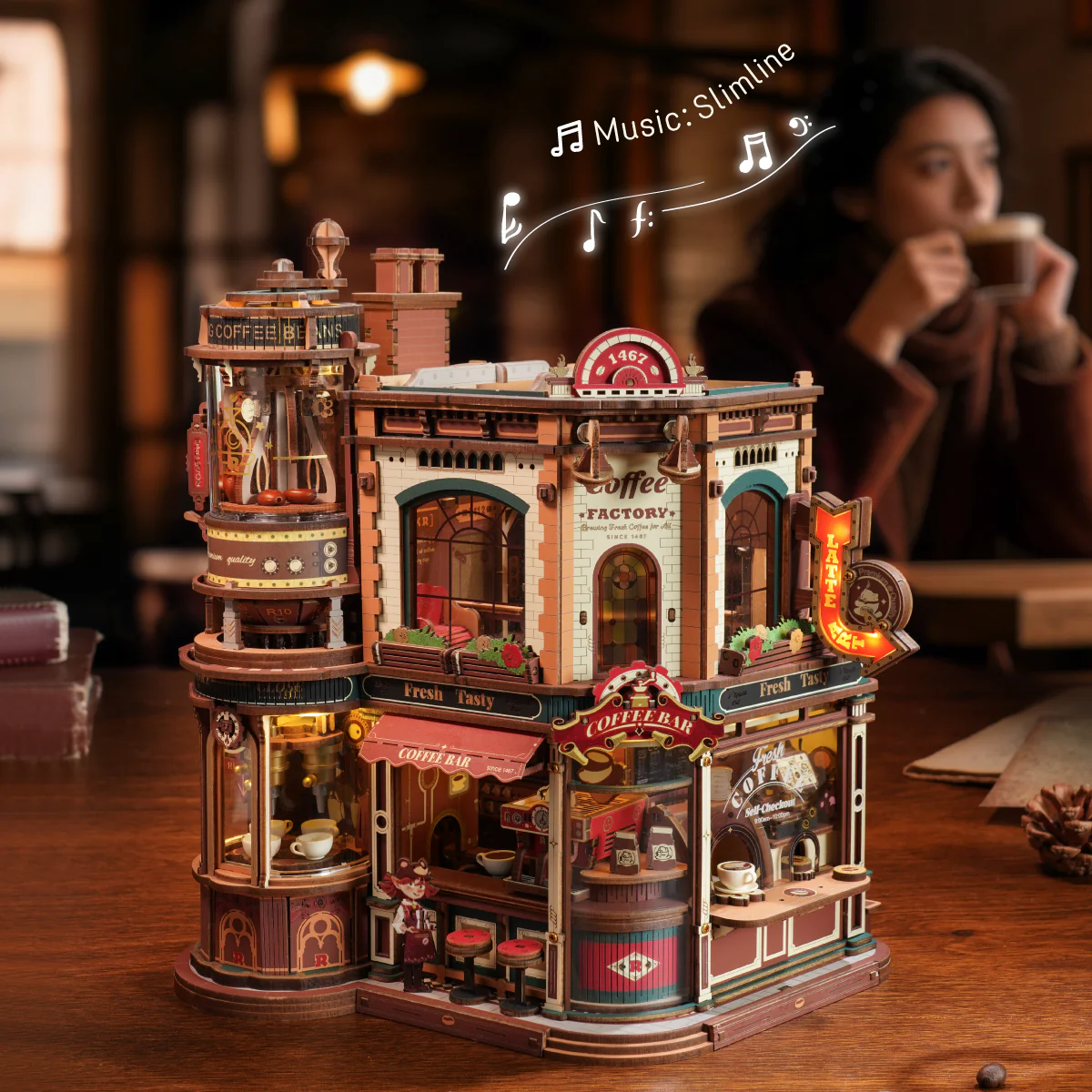 ROKR Dream Coffee Factory Music Box Wooden 3D Puzzle EAB02 - Image 2
