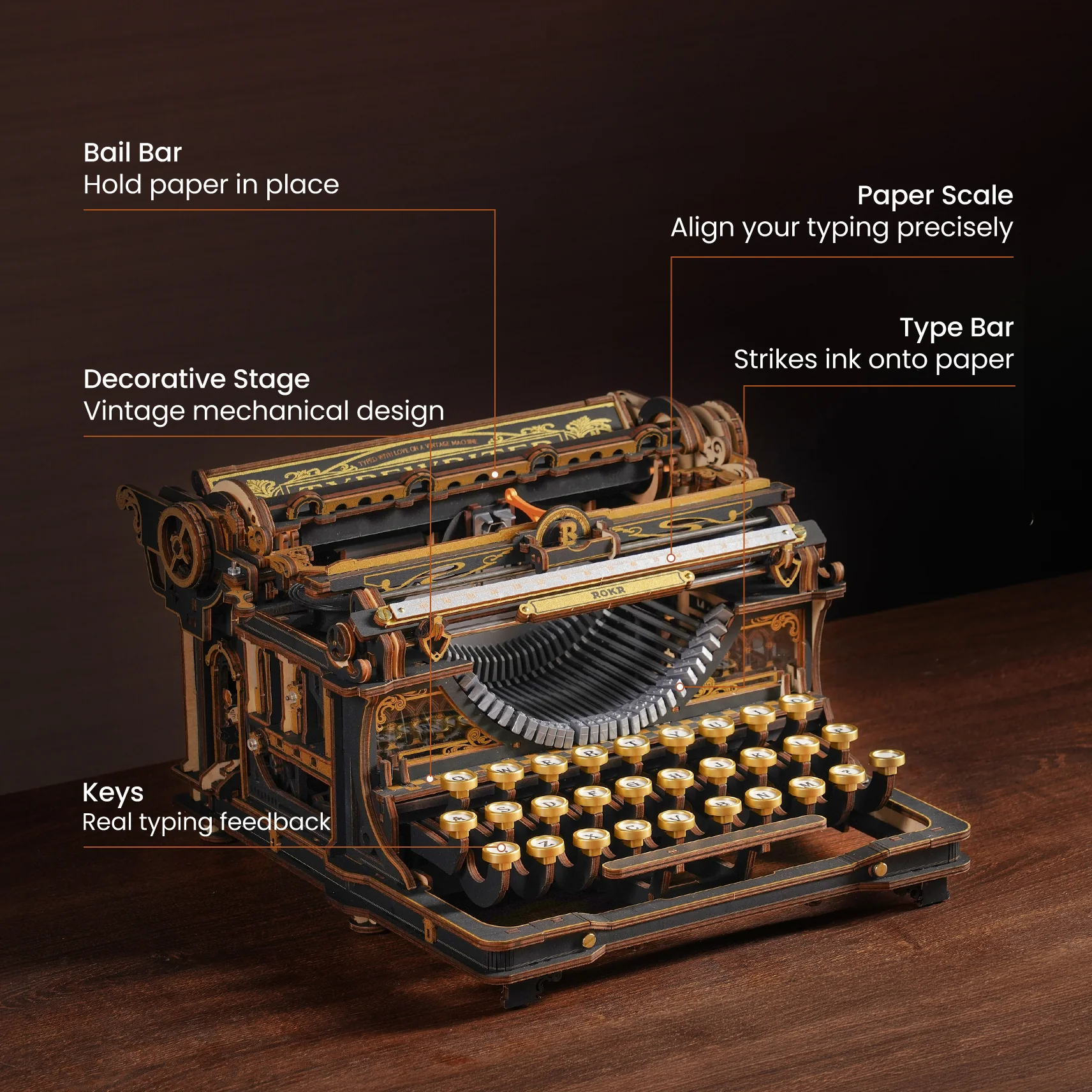ROKR Mechanical Typewriter Wooden 3D Puzzle LK703B (Classic Version) - Image 3