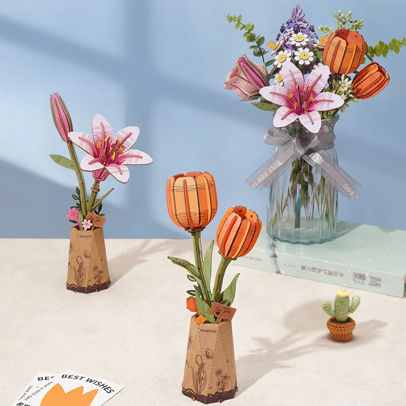 Rowood Orange Tulip DIY Wooden Flower 3D Puzzle TW081 - Image 3